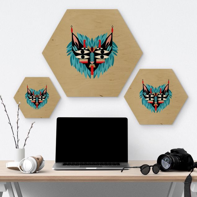 Hexagon-Holzbild - Collage Ethno Maske - Löwe