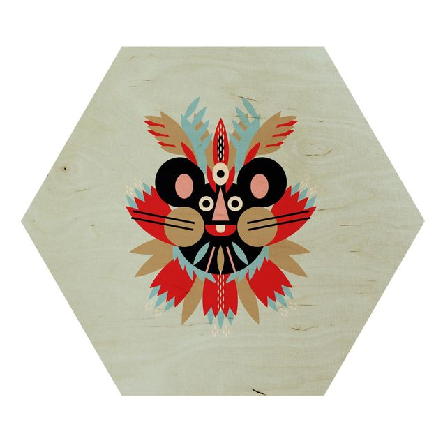 Hexagon-Holzbild - Collage Ethno Maske - Maus