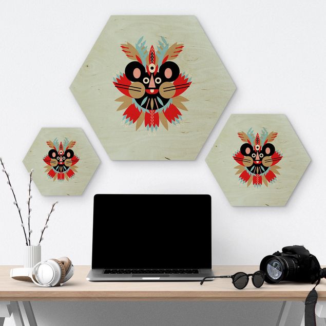 Hexagon-Holzbild - Collage Ethno Maske - Maus