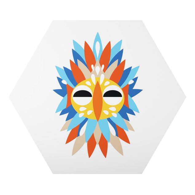 Hexagon-Alu-Dibond Bild - Collage Ethno Maske - Papagei