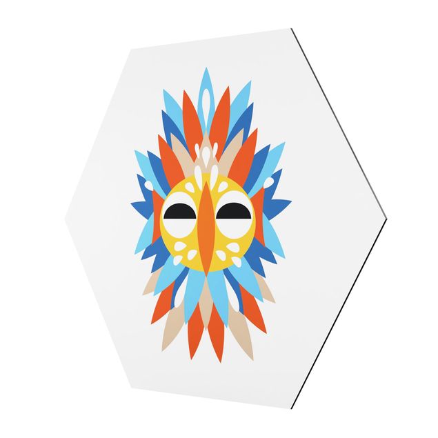 Hexagon-Alu-Dibond Bild - Collage Ethno Maske - Papagei