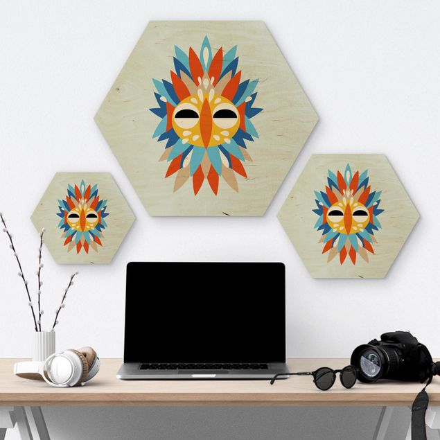 Hexagon-Holzbild - Collage Ethno Maske - Papagei