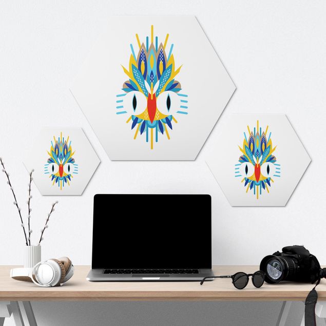 Hexagon-Alu-Dibond Bild - Collage Ethno Maske - Vogel Federn