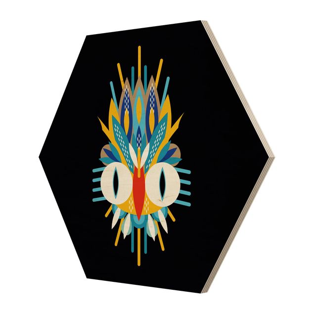 Hexagon-Holzbild - Collage Ethno Maske - Vogel Federn