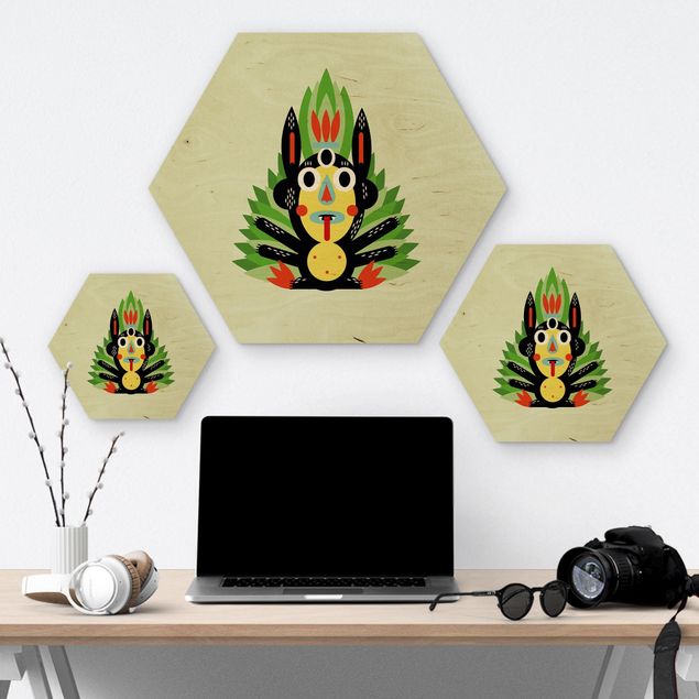Hexagon-Holzbild - Collage Ethno Monster - Dschungel