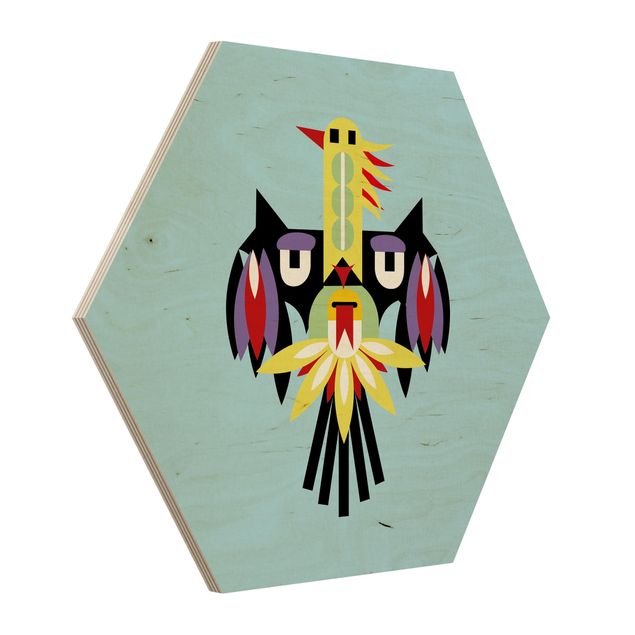 Hexagon-Holzbild - Collage Ethno Monster - Flügel