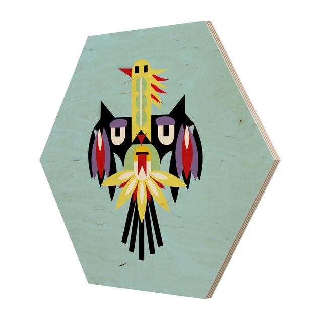 Hexagon-Holzbild - Collage Ethno Monster - Flügel