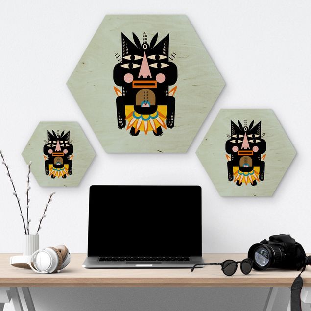 Hexagon-Holzbild - Collage Ethno Monster - Häuptling