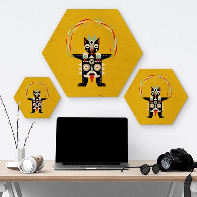 Hexagon-Holzbild - Collage Ethno Monster - Jongleur