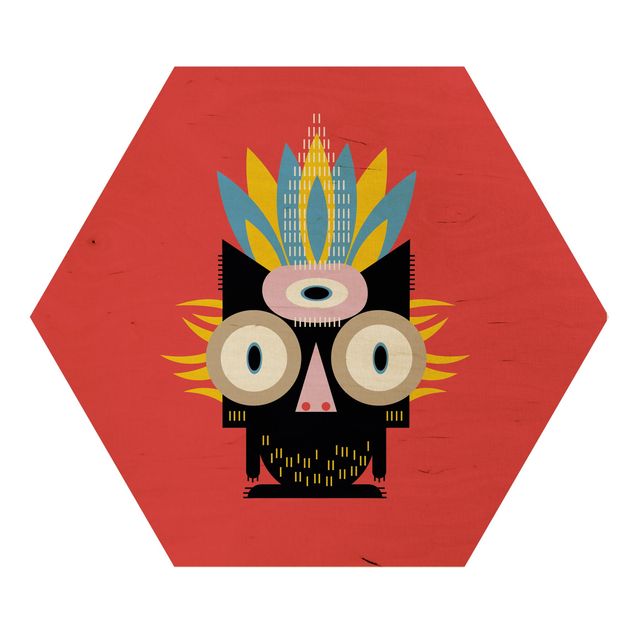Hexagon-Holzbild - Collage Ethno Monster - Katze