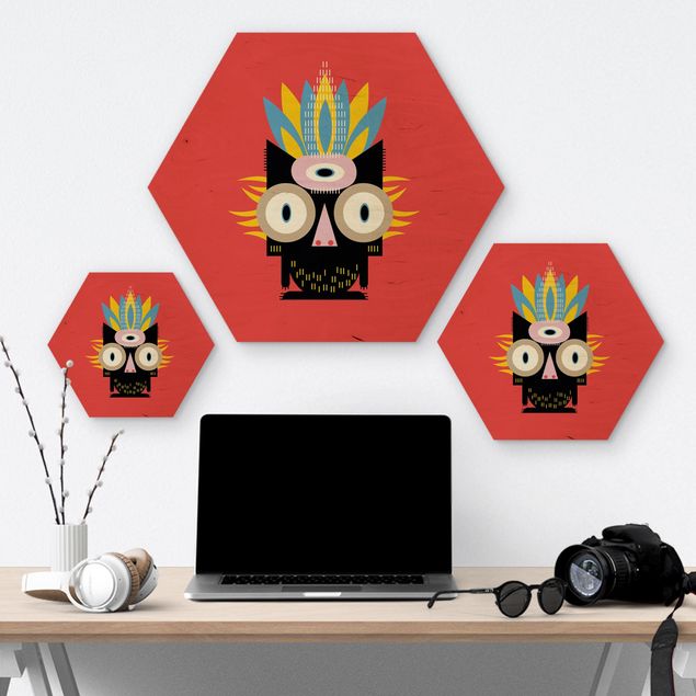 Hexagon-Holzbild - Collage Ethno Monster - Katze