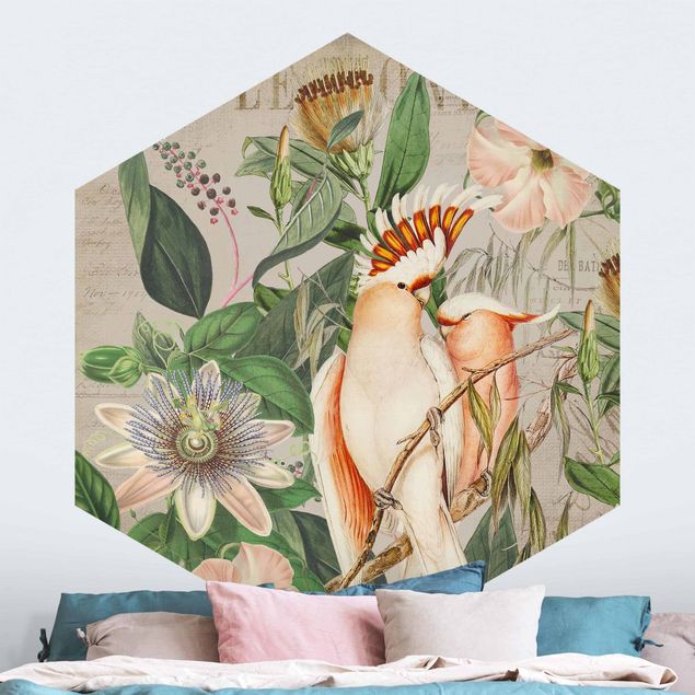 Dschungel Tapete Colonial Style Collage - Rosa Kakadu