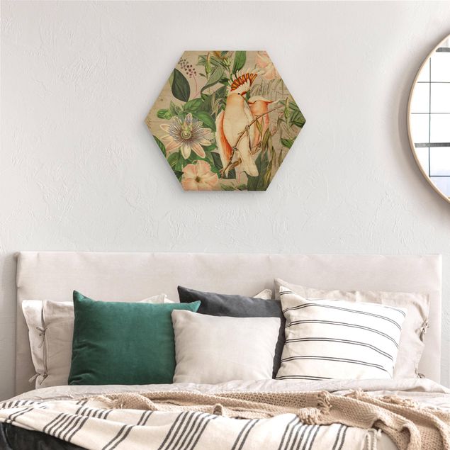 Hexagon-Holzbild - Colonial Style Collage - Rosa Kakadu