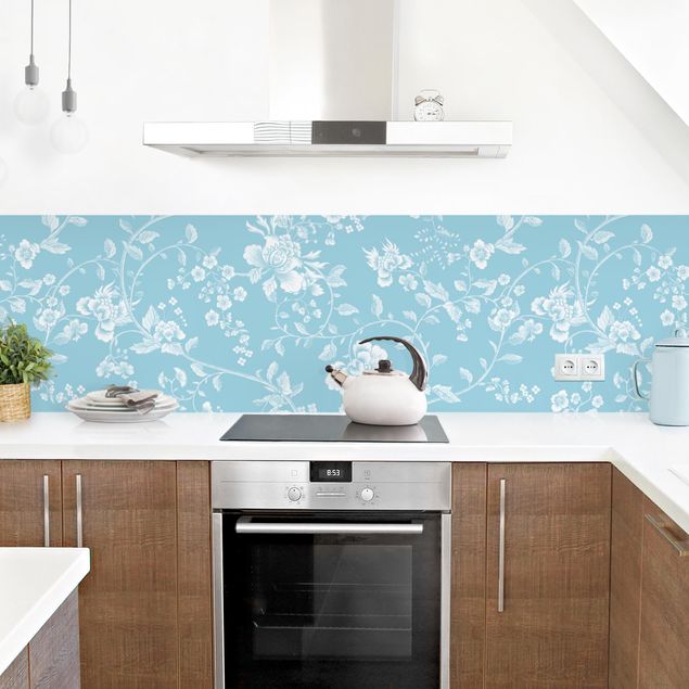 Küchenrückwand selbstklebend Blumenranken auf Blau