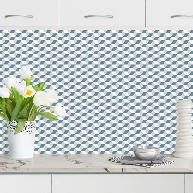 Platte Küchenrückwand Geometrischer Fliesenmix Würfel Blaugrau