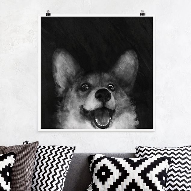 Poster - Illustration Hund Corgi Malerei Schwarz Weiß - Quadrat 1:1