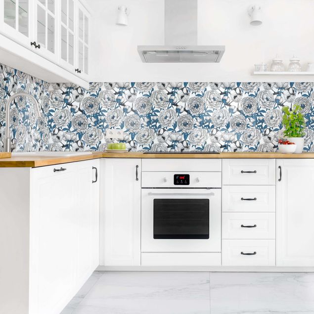 Wandpaneele Küche Pfingstrosen und Meisen in Weiß und Blau