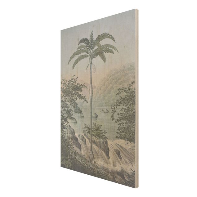 Holzbild - Vintage Illustration - Landschaft mit Palme - Hochformat 3:2