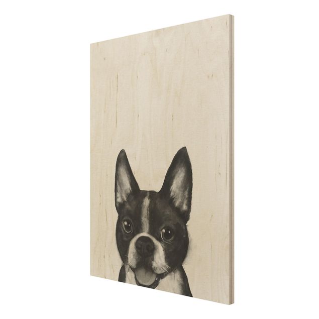 Wandbild Holz Illustration Hund Boston Schwarz Weiß Malerei