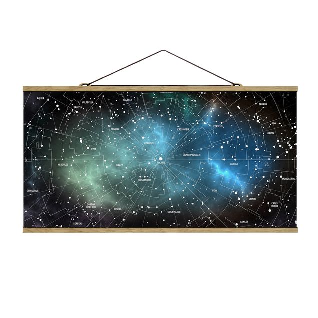 Stoffbild mit Posterleisten - Sternbilder Karte Galaxienebel - Querformat 2:1