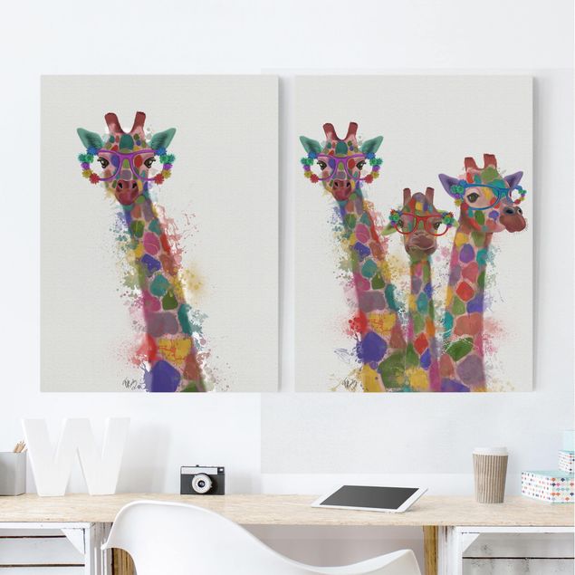 moderne Leinwandbilder Regenbogen Splash Giraffen Set I