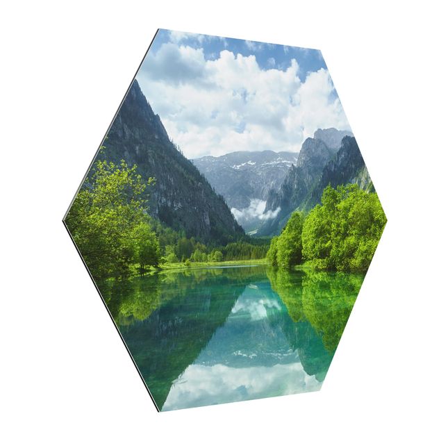 Hexagon Bild Alu-Dibond - Bergsee mit Spiegelung