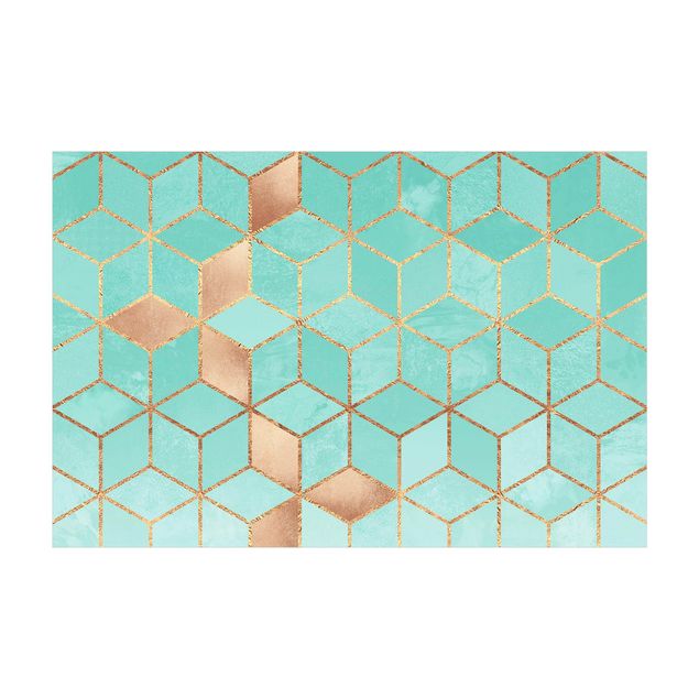 Teppich abstrakt Türkis Weiß goldene Geometrie
