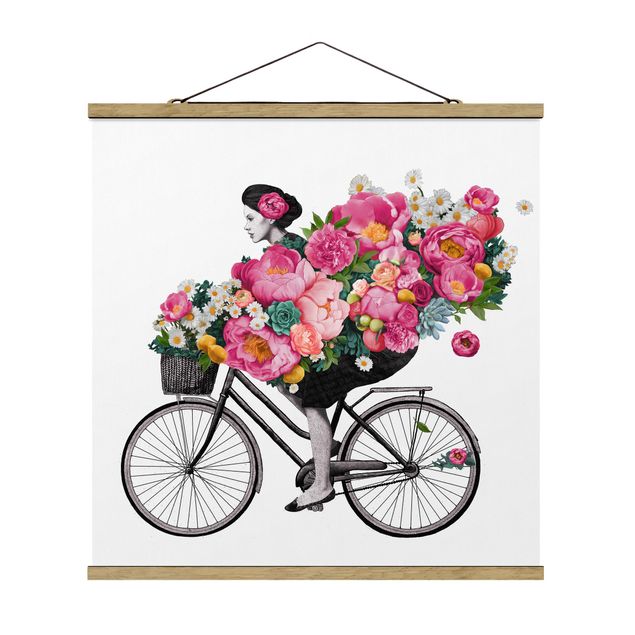 Stoffbild mit Posterleisten - Laura Graves - Illustration Frau auf Fahrrad Collage bunte Blumen - Quadrat 1:1