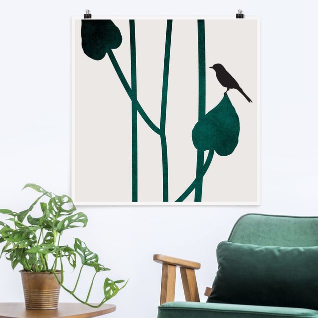 XXL Poster Grafische Pflanzenwelt - Vogel auf Blatt