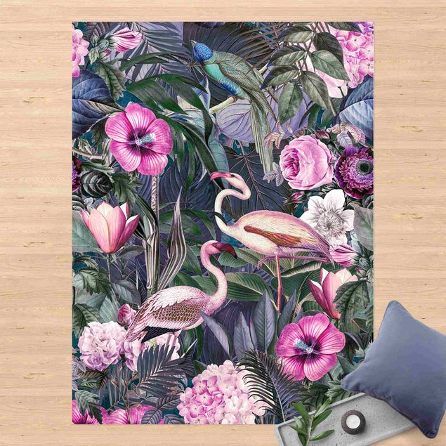 Teppich Balkon Bunte Collage - Pinke Flamingos im Dschungel