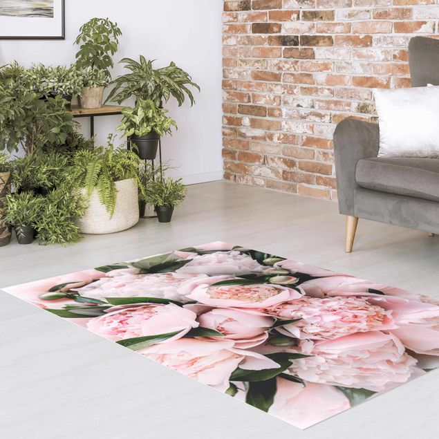 Teppich modern Rosa Pfingstrosen mit Blättern