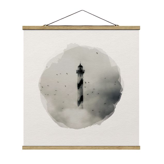 Stoffbild mit Posterleisten - Wasserfarben - Leuchtturm im Nebel - Quadrat 1:1