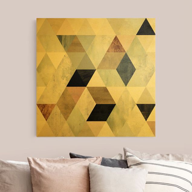 Leinwandbild Gold - Aquarell-Mosaik mit Dreiecken II - Quadrat 1:1