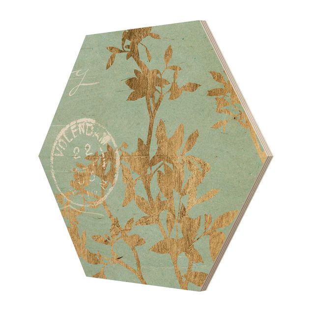 Hexagon Bild Holz - Goldene Blätter auf Turquoise II