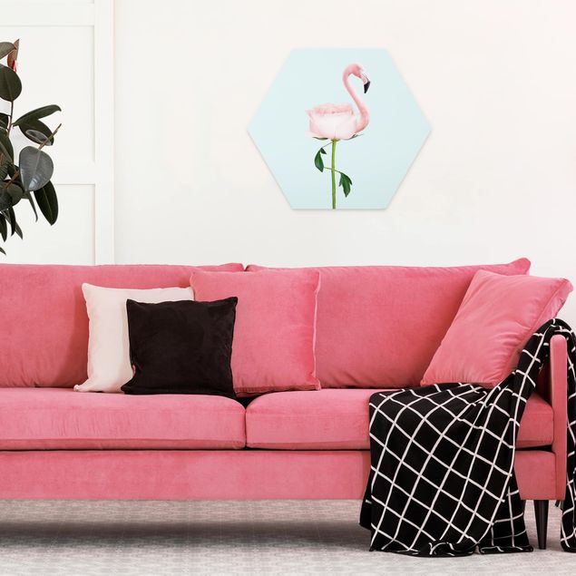 Hexagon-Bilder Flamingo mit Rose