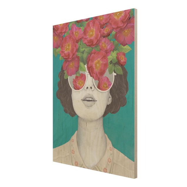 Bilder auf Holz Illustration Portrait Frau Collage mit Blumen Brille