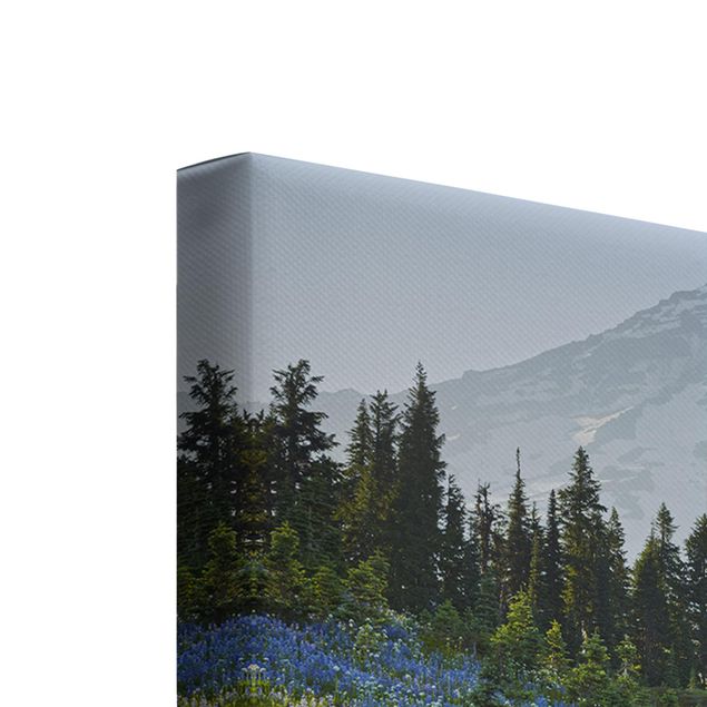 3-teiliges Leinwandbild Berg - Bergwiese mit blauen Blumen vor Mt. Rainier