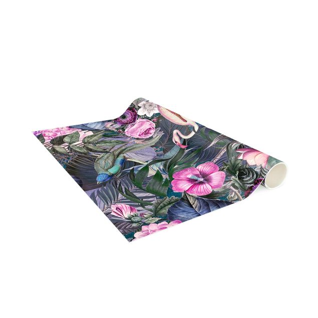 Teppich Blumenmuster Bunte Collage - Pinke Flamingos im Dschungel