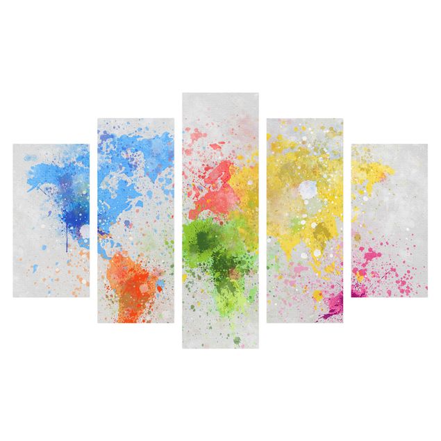 Leinwandbild 5-teilig - Bunte Farbspritzer Weltkarte