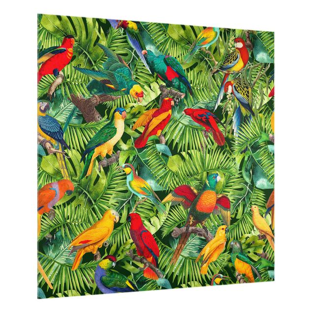 Spritzschutz Tiere Bunte Collage - Papageien im Dschungel