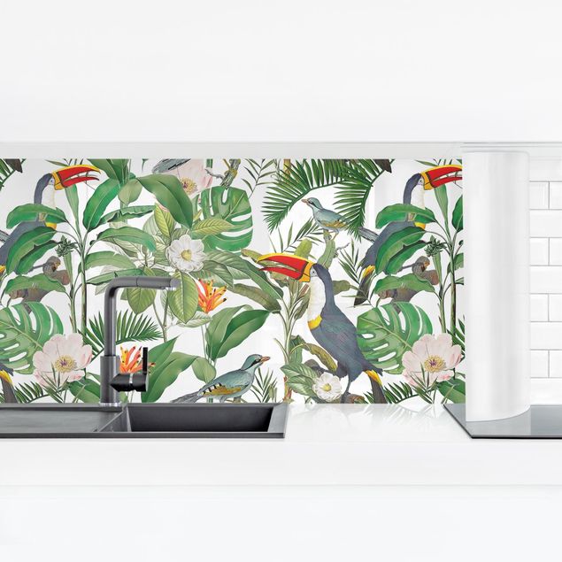 Spritzschutz Küche ohne bohren Tropischer Tukan mit Monstera und Palmenblättern