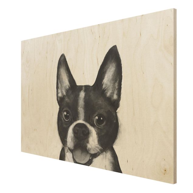 Bilder auf Holz Illustration Hund Boston Schwarz Weiß Malerei