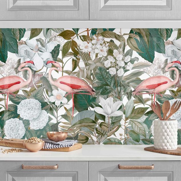 Platte Küchenrückwand Rosa Flamingos mit Blättern und weißen Blumen II