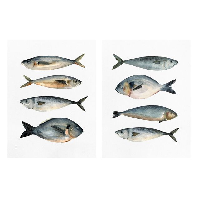 Leinwandbild 2-teilig - Acht Fische in Aquarell Set I - Hoch 4:3
