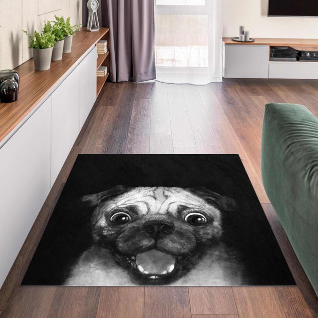 Moderner Teppich Illustration Hund Mops Malerei auf Schwarz Weiß