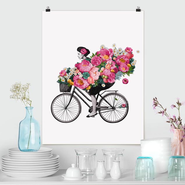 Poster - Illustration Frau auf Fahrrad Collage bunte Blumen - Hochformat 4:3