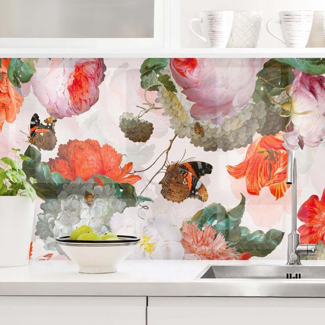 Platte Küchenrückwand Rote Blumen mit Schmetterlingen