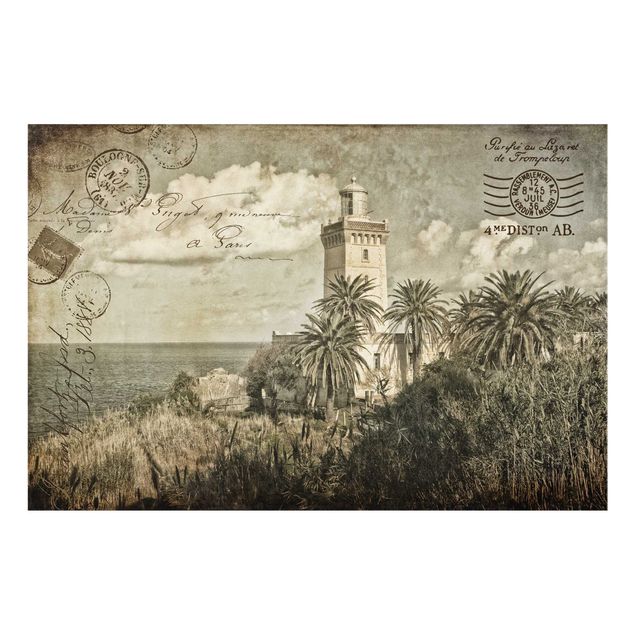 Spritzschutz Natur Vintage Postkarte mit Leuchtturm und Palmen
