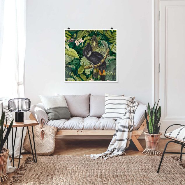 Poster Blumen Bunte Collage - Kakadus im Dschungel