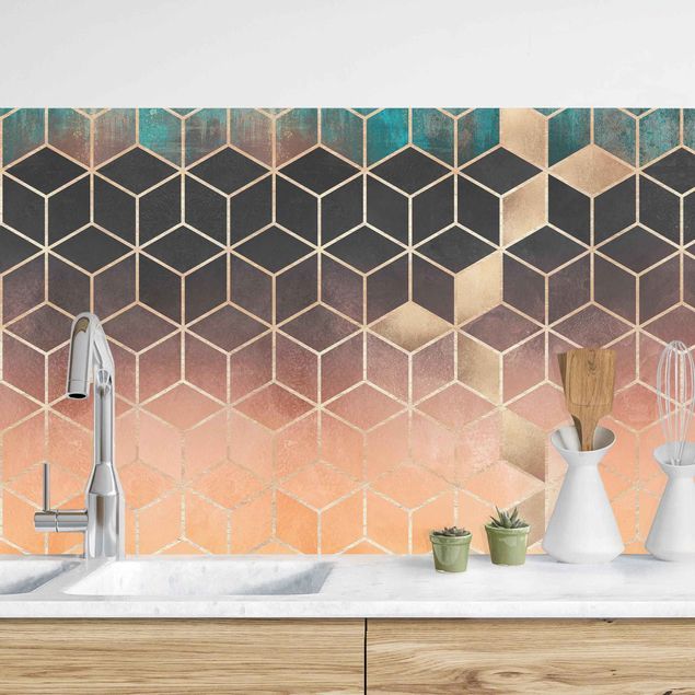 Platte Küchenrückwand Türkis Rosé goldene Geometrie II